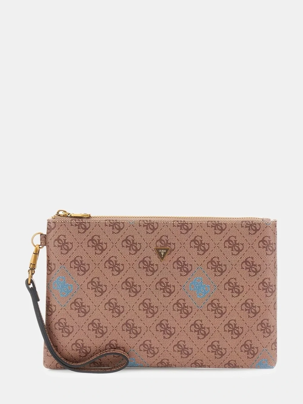 New Guess Brown Monogram Wristlet Clutch with Blue Accents
